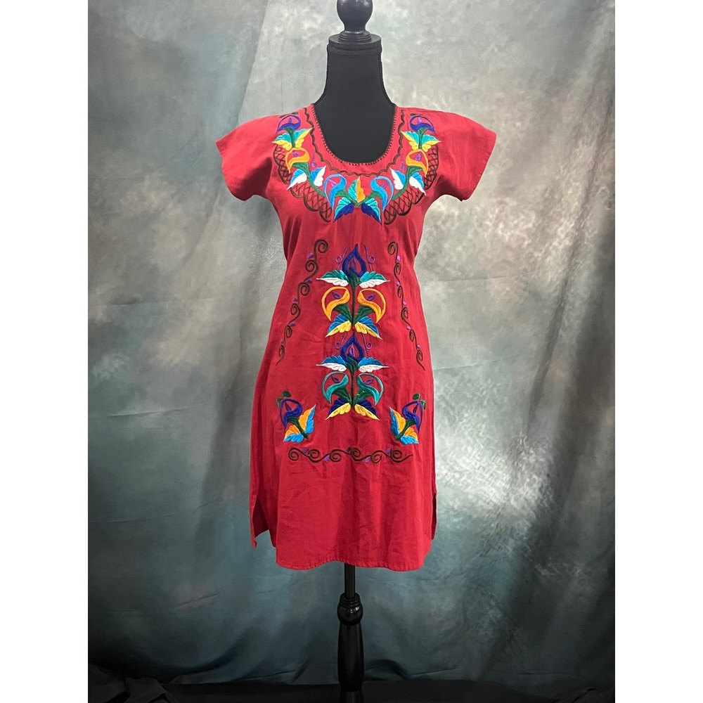 Vintage Mexican Embroidered Red Cotton Floral Bird Dress Short Sleeve Waist Tie